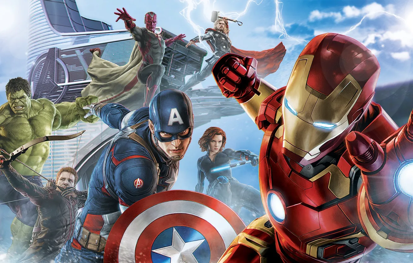 Фото обои Халк, железный человек, тор, капитан америка, мстители, avengers, черная вдова, соколиный глаз