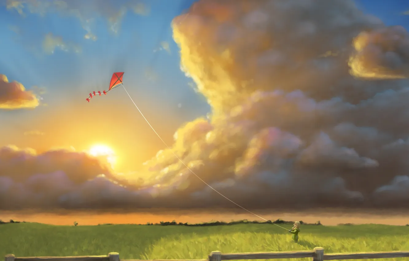 Фото обои поле, небо, трава, солнце, облака, воздушный змей, девочка