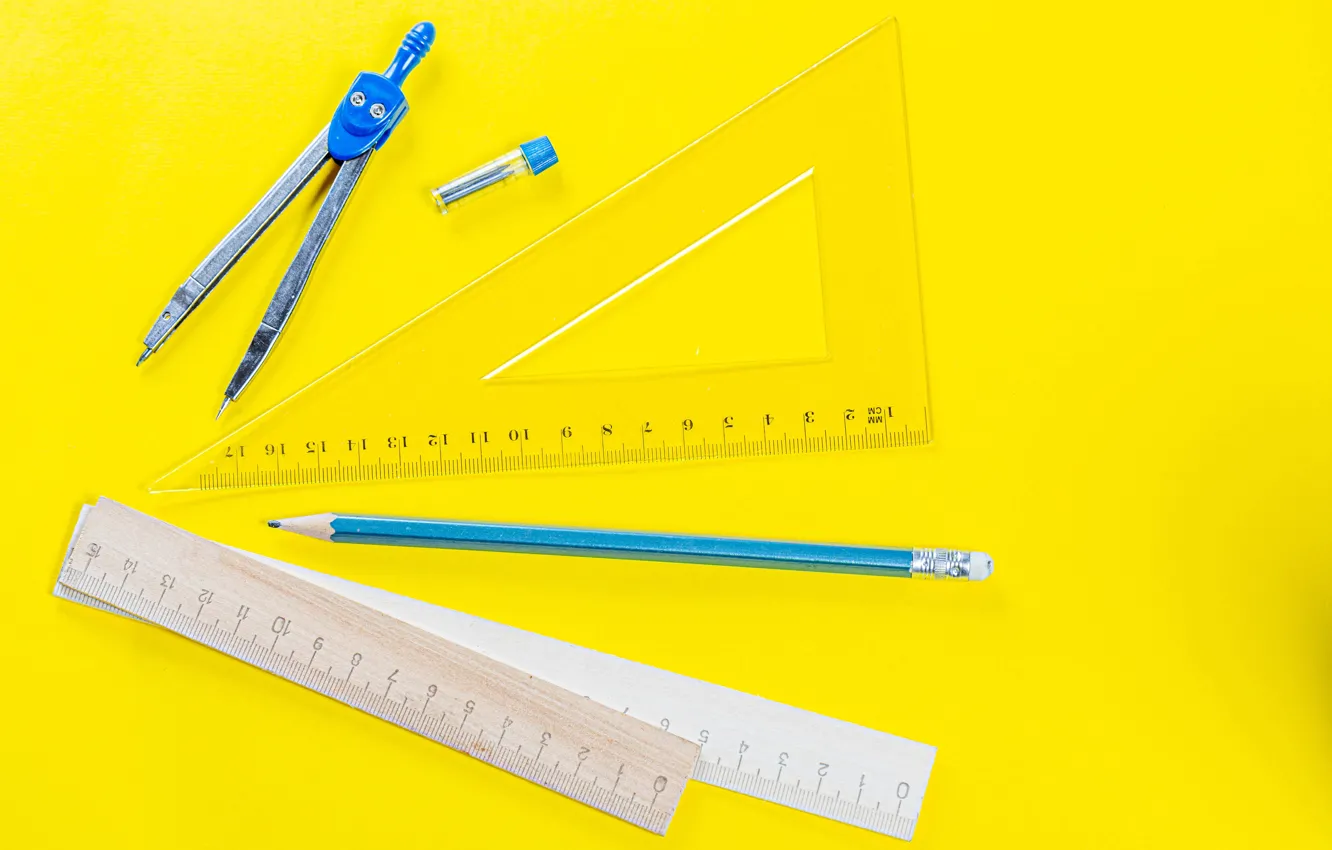 Фото обои карандаш, треугольник, циркуль, канцтовары, линейки