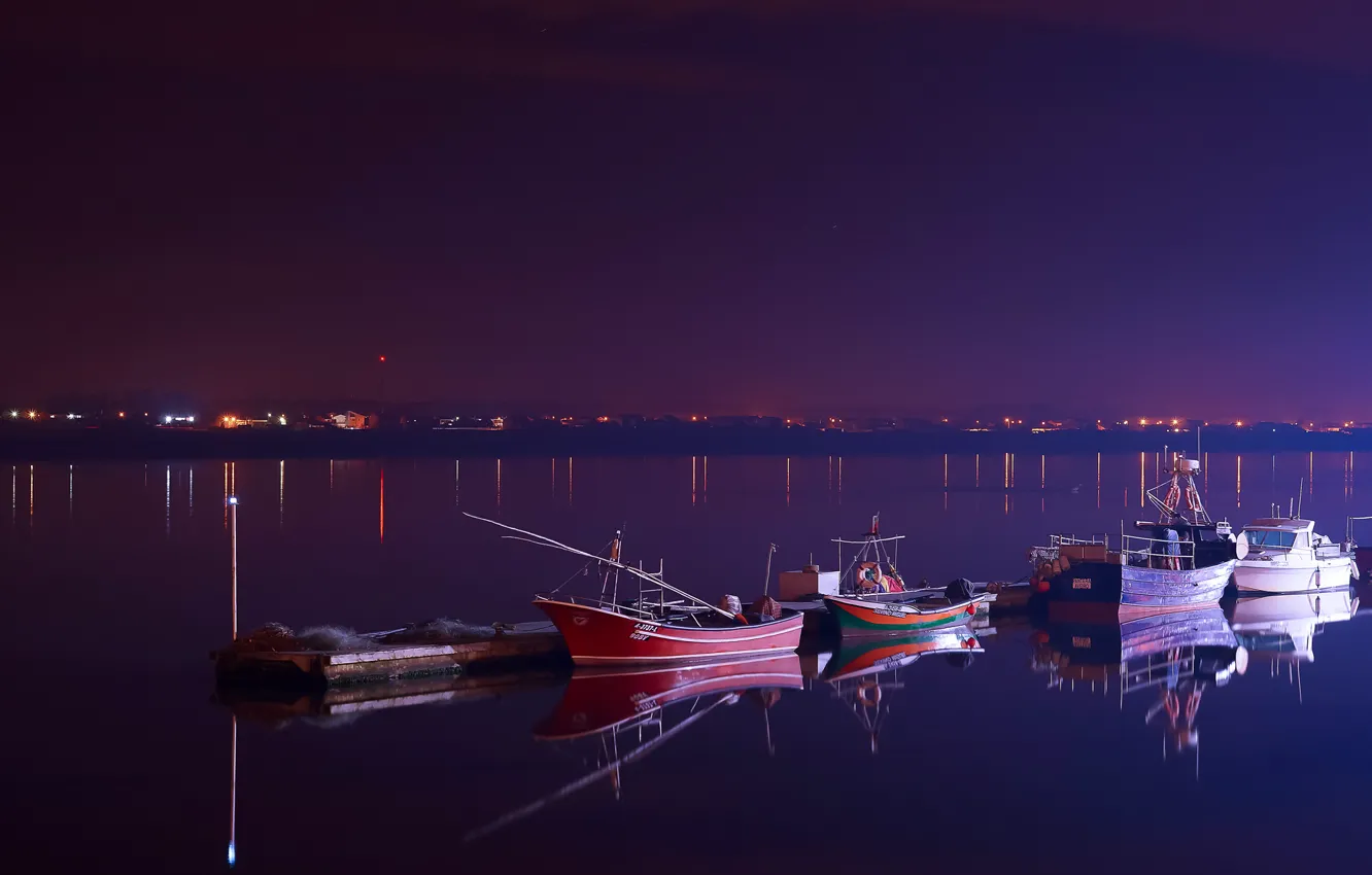 Фото обои отражения, ночь, река, лодки, вечер, Португалия