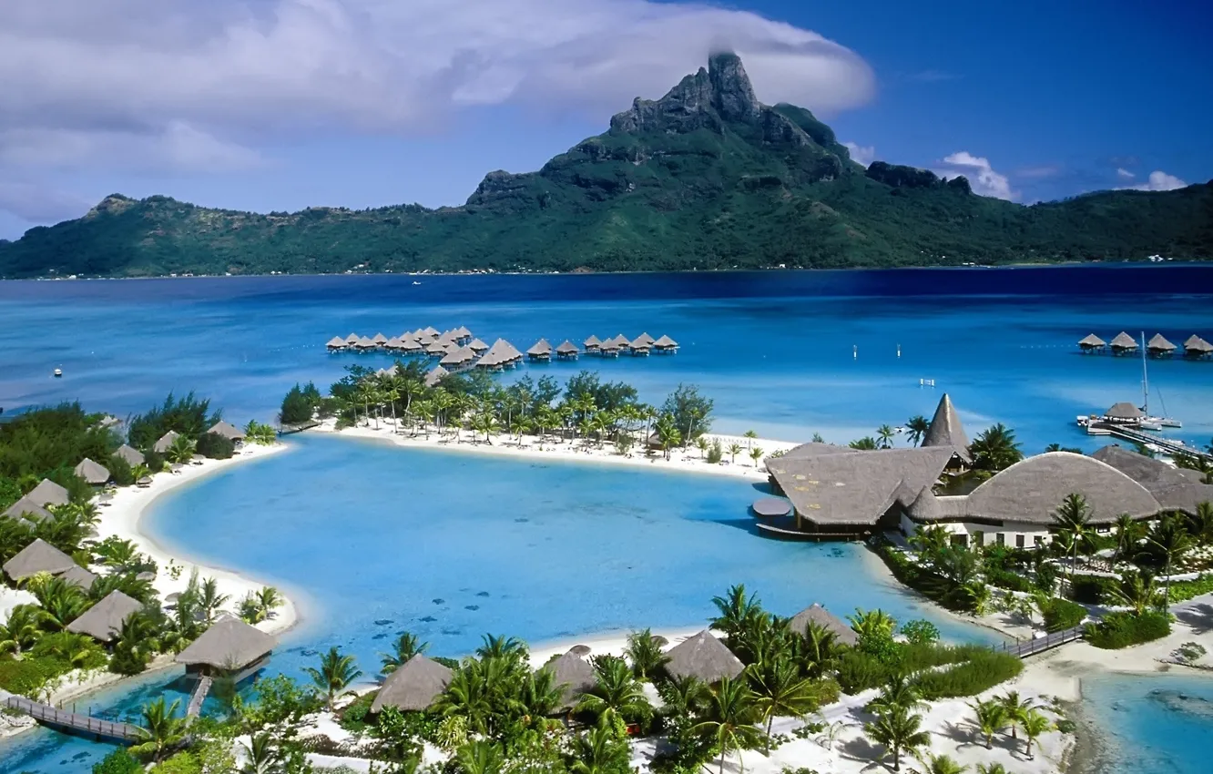 Фото обои океан, отель, бунгало, Bora Bora