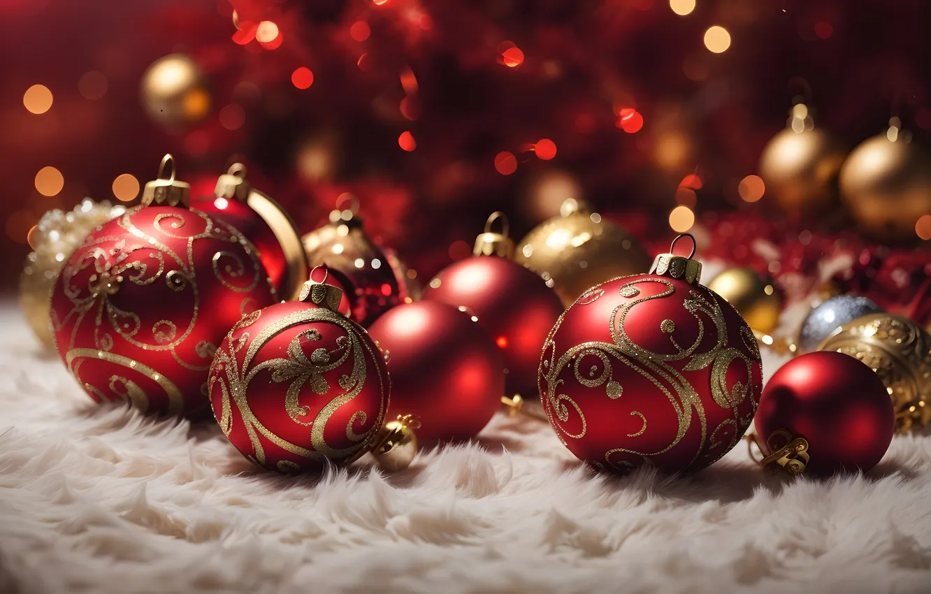 Фото обои украшения, шары, елка, Рождество, Новый год, red, golden, Christmas