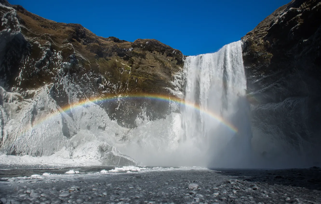 Фото обои Природа, Водопад, Скалы, Радуга, Rainbow, Nature, Исландия, Waterfall