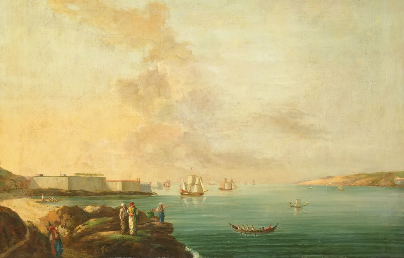 Фото обои пейзаж, лодка, корабль, масло, картина, парус, холст, Jan Van der Steen