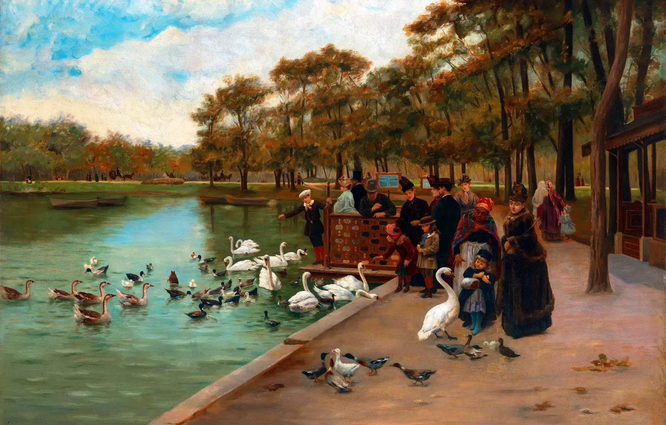 Фото обои Пруд, Люди, Картина, Лебеди, Французский художник, Jules Scalbert, Кормление лебедей у большого пруда, Жюль Скальберт