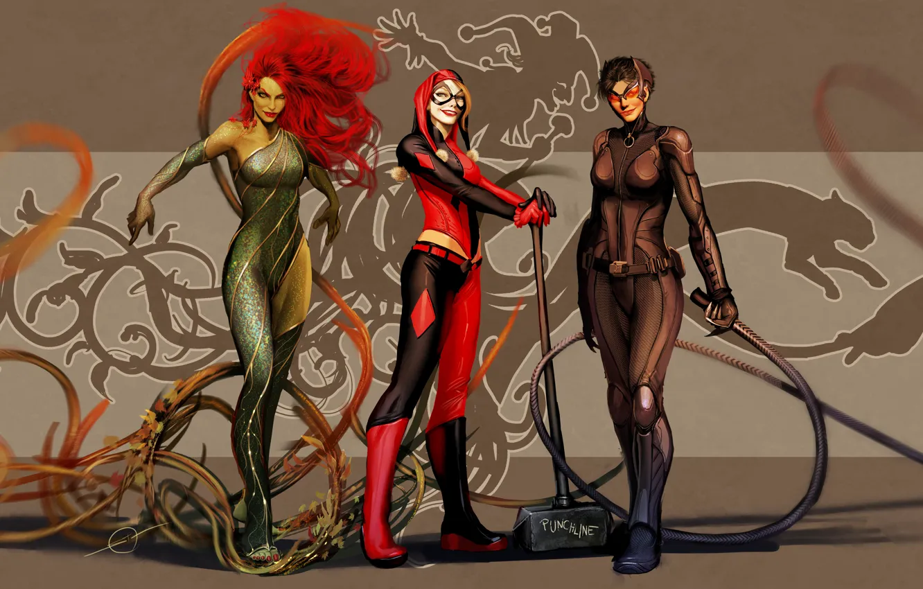 Фото обои art, dc comics, Catwoman, Selina Kyle, Harley Quinn, Poison Ivy, nebezial, Dr. Pamela Lillian Isley