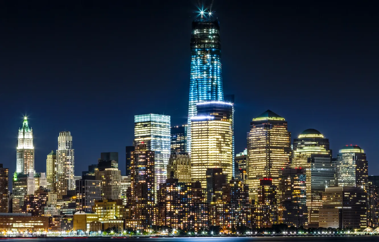 Фото обои lights, USA, skyline, New York, Manhattan, evening, skyscrapers, Freedom Tower