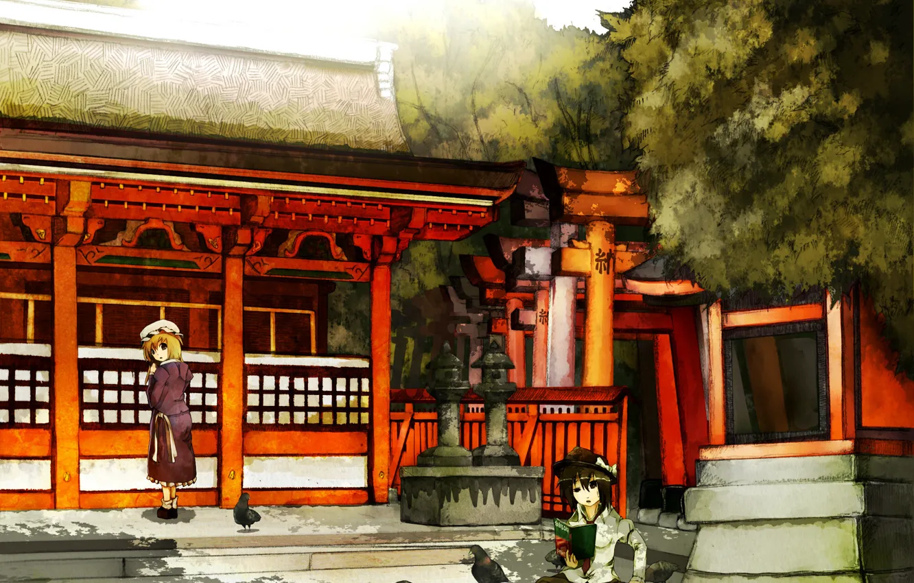 Фото обои ворота, голуби, храм, книга, touhou, usami renko, maribel han