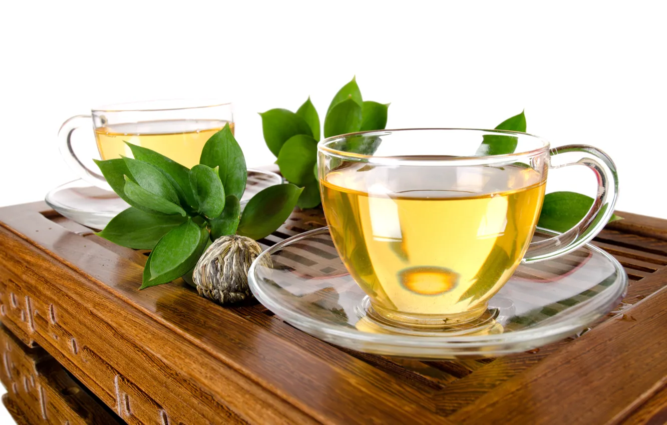 Фото обои листья, зеленый, чай, чашки, белый фон, напиток, столик