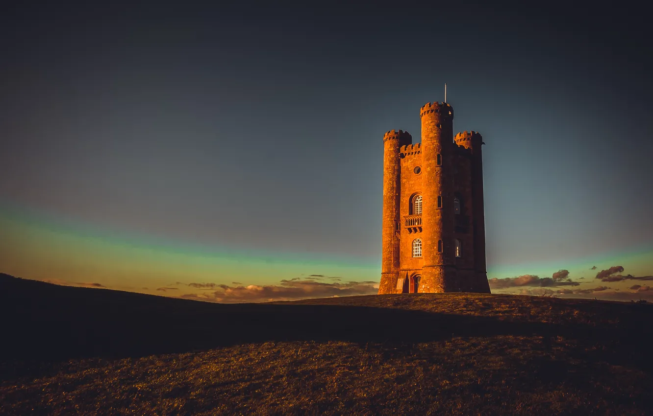 Фото обои закат, Англия, башня, England, Broadway Tower, Middle Hill