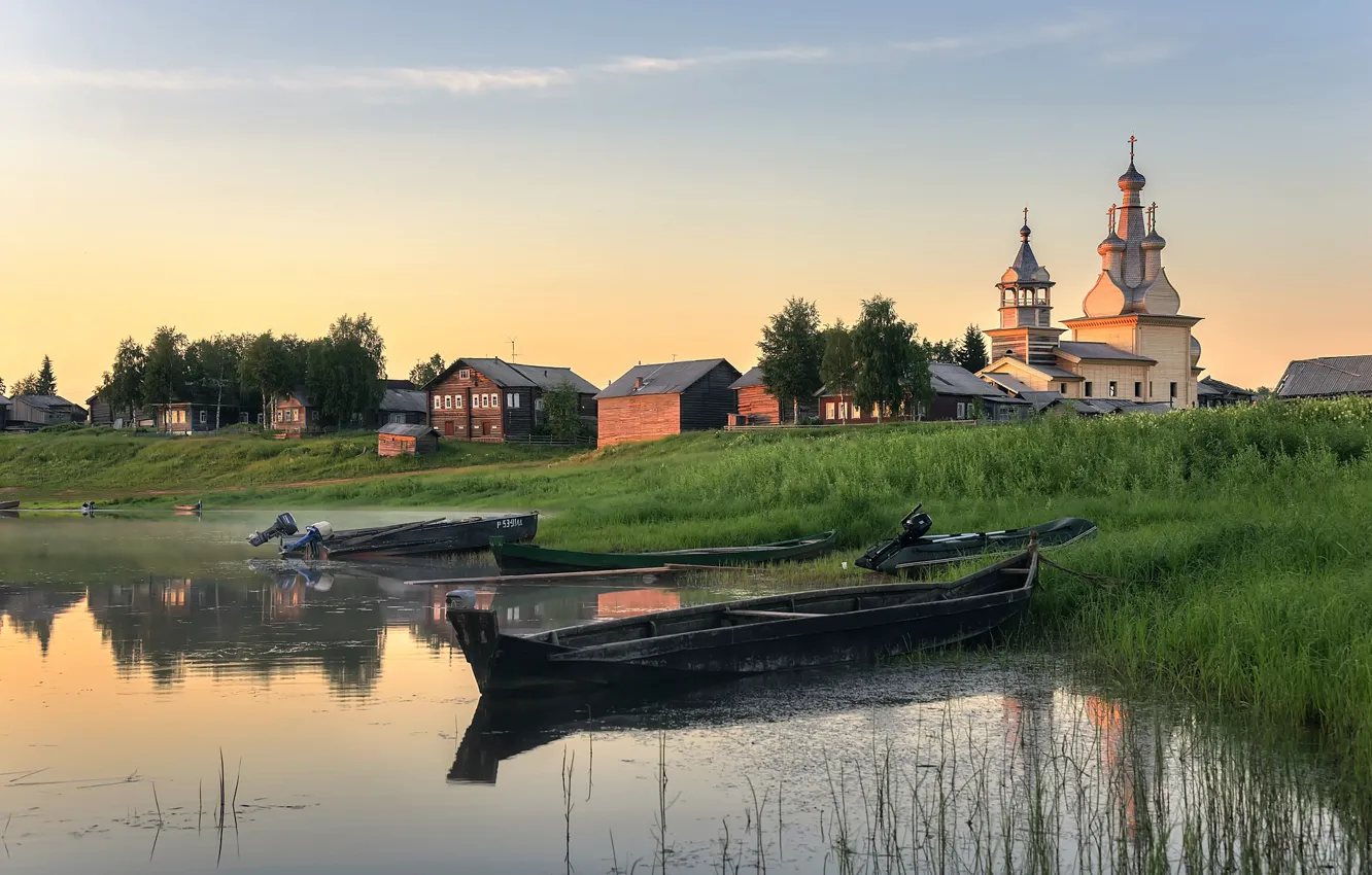 Фото обои река, рассвет, лодки, деревня, Архангельская область, Кимжа
