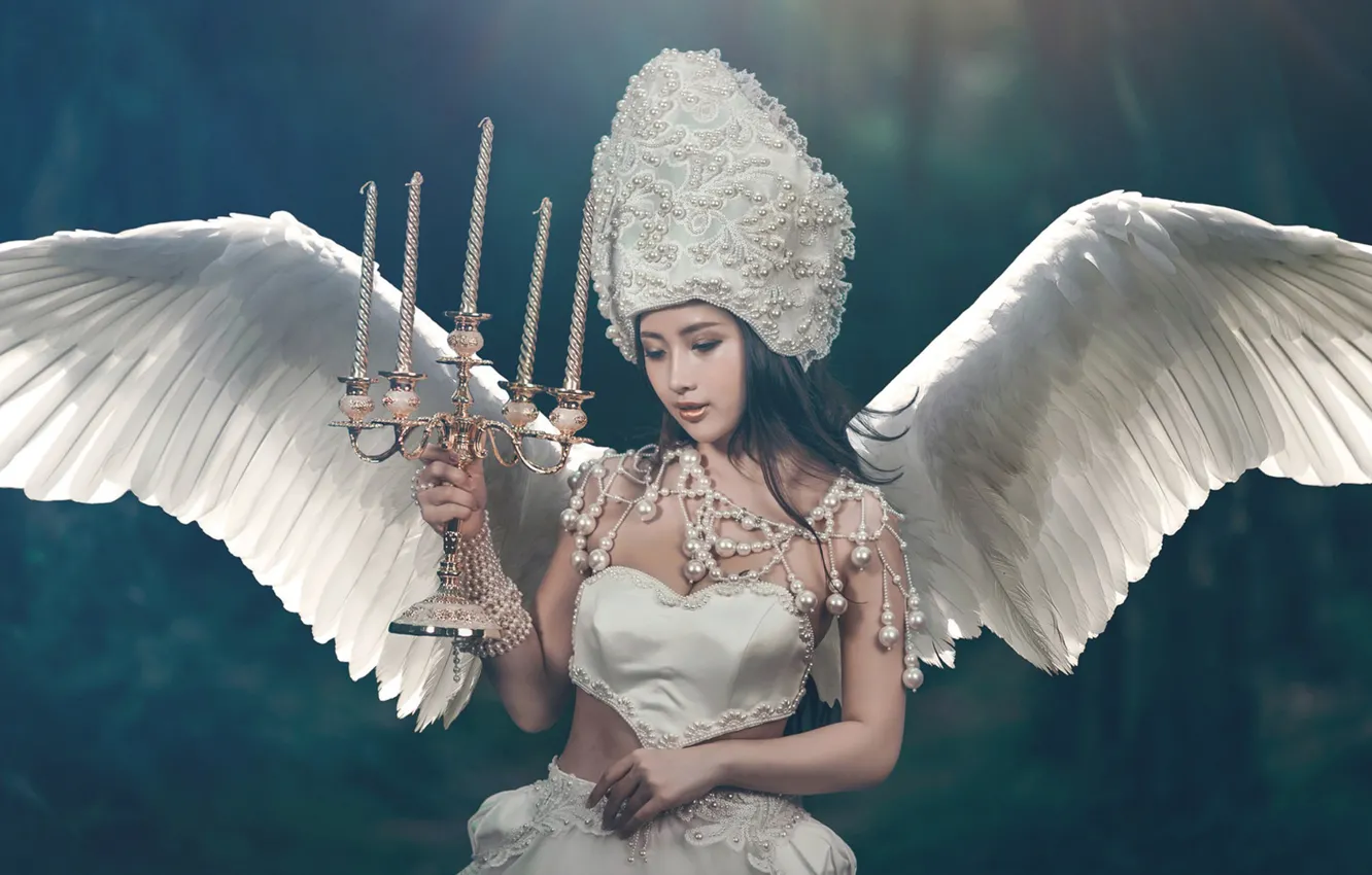 Фото обои девушка, стиль, фон, крылья, ангел, свечи, азиатка, браслеты