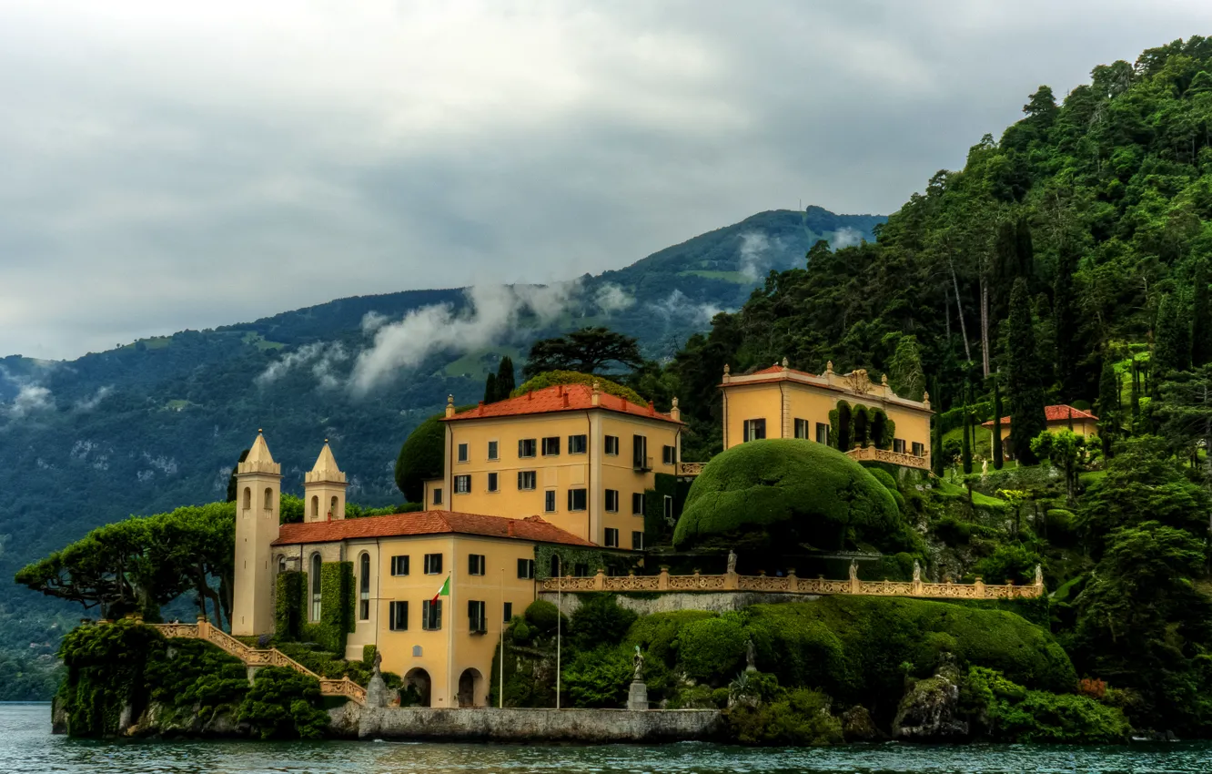 Фото обои море, деревья, горы, дом, побережье, вилла, Италия, Lombardy