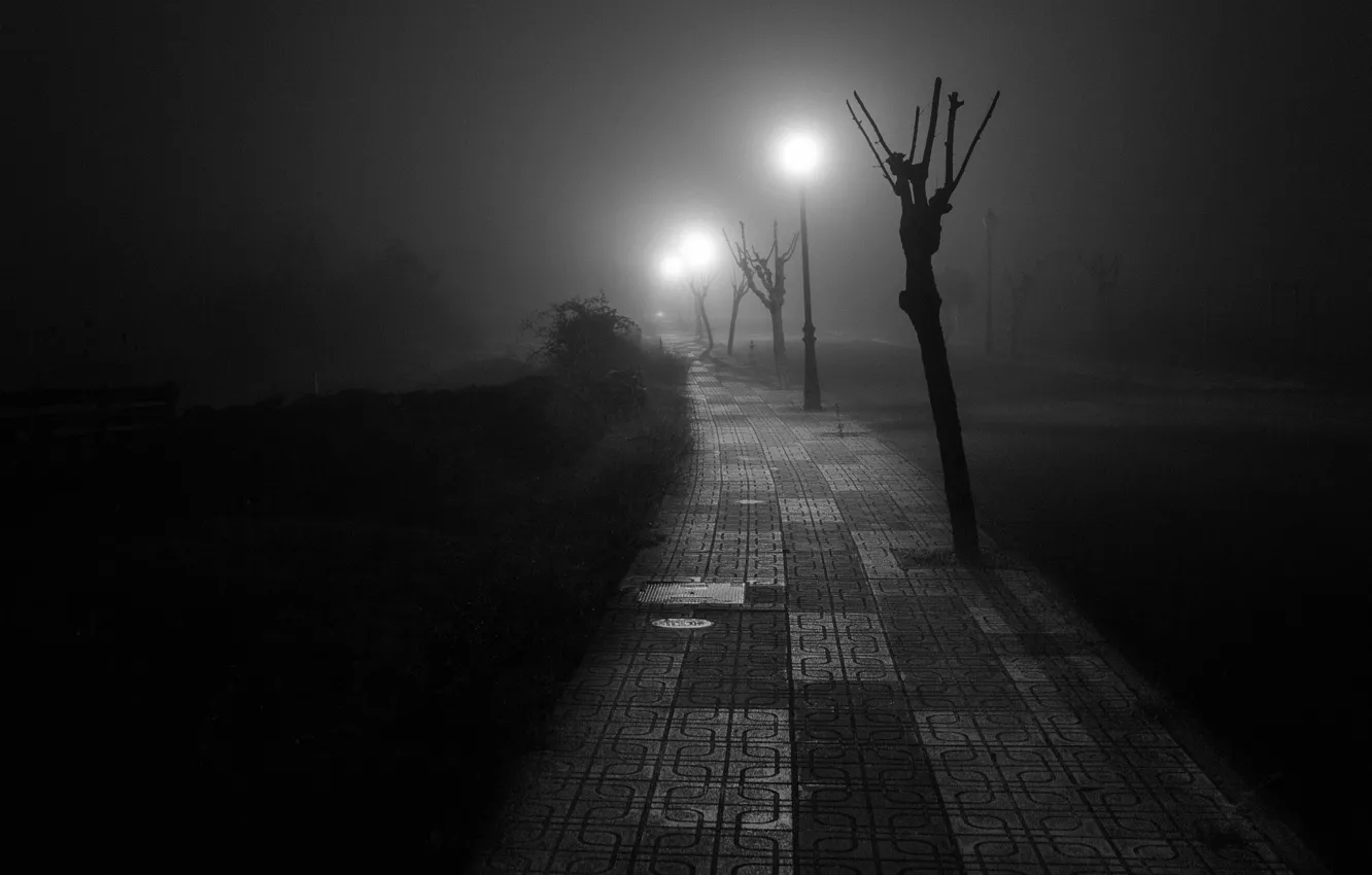 Фото обои дорога, свет, ночь, туман, столбы, депрессия, тротуар, Меланхолия