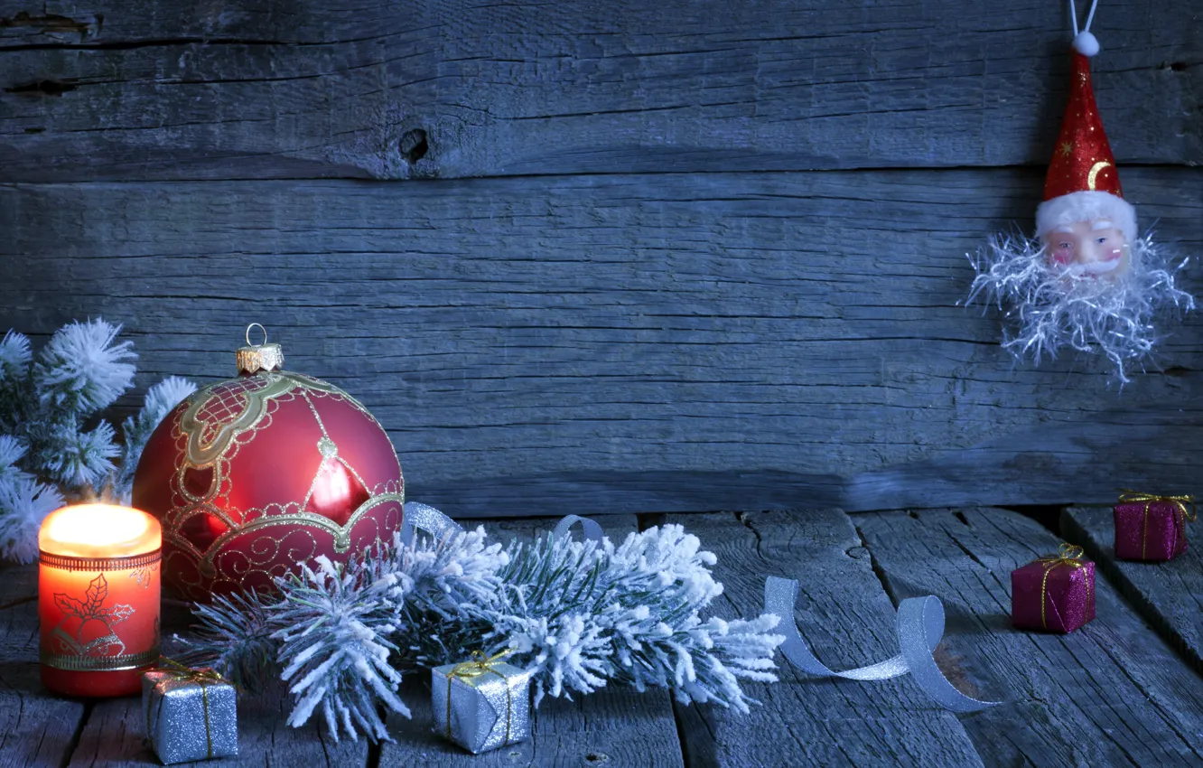 Фото обои снег, украшения, елка, свечи, Новый Год, Рождество, подарки, Christmas