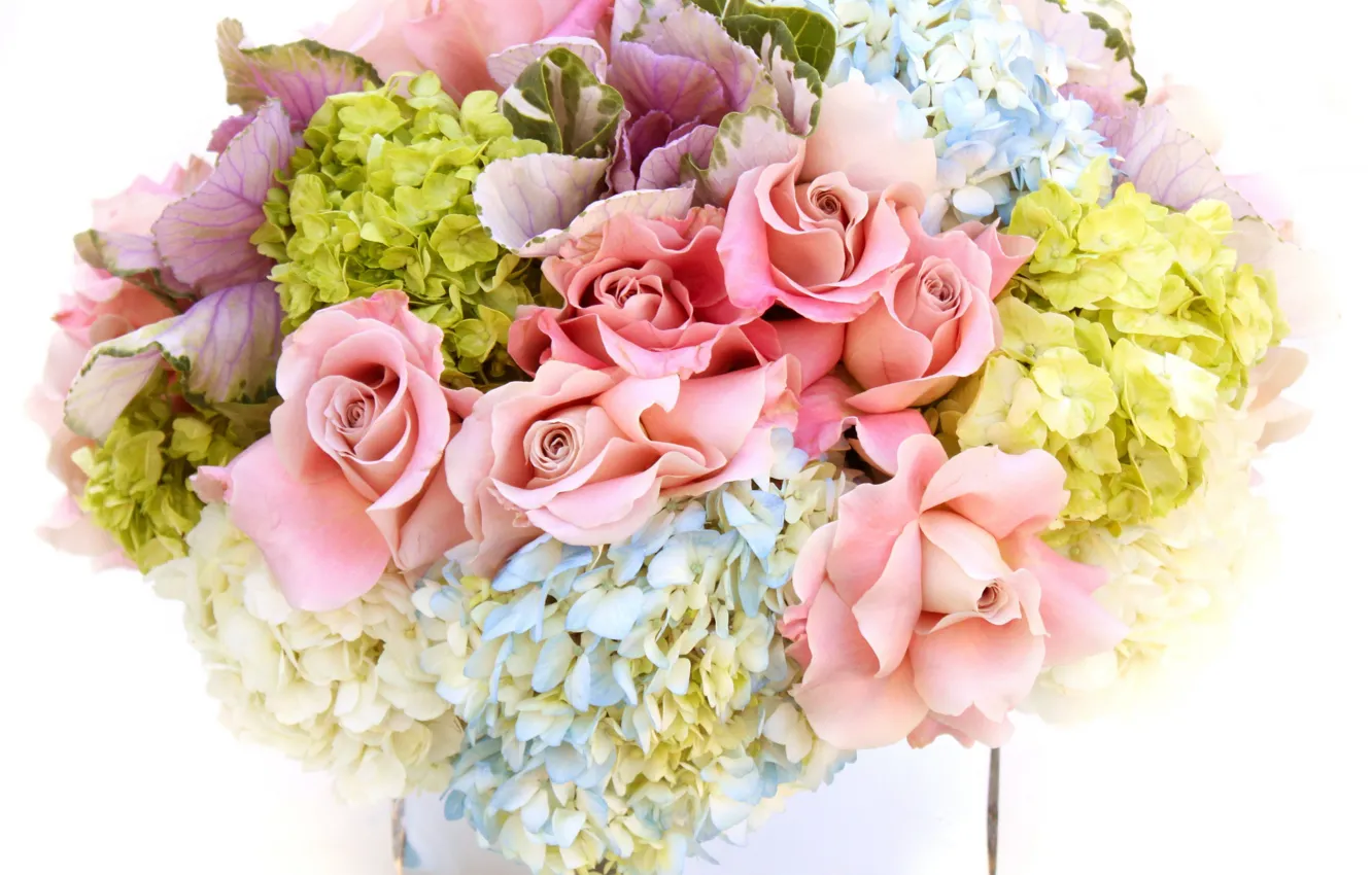 Фото обои цветы, розы, букет, ваза, гортензия