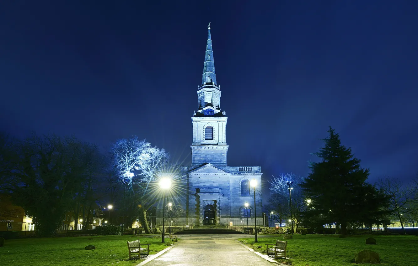 Фото обои Англия, вечер, подсветка, церковь, Вулверхэмптон