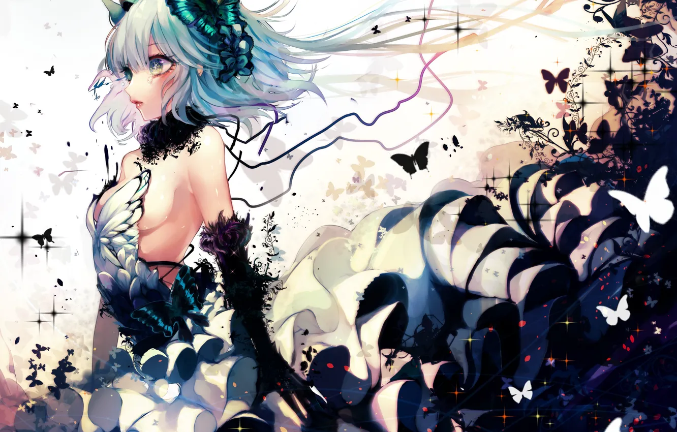 Фото обои девушка, бабочки, магия, аниме, корона, арт, renkarua