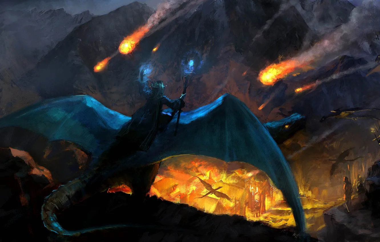 Фото обои пожар, скалы, огонь, драконы, армия, арт, нападение, поселение