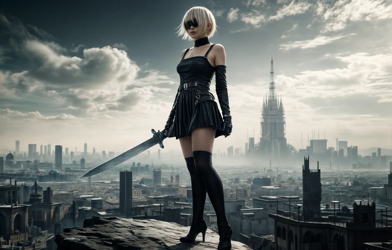 Фото обои девушка, город, меч, YoRHa No.2 Type B, изображение сгенерировано ИИ