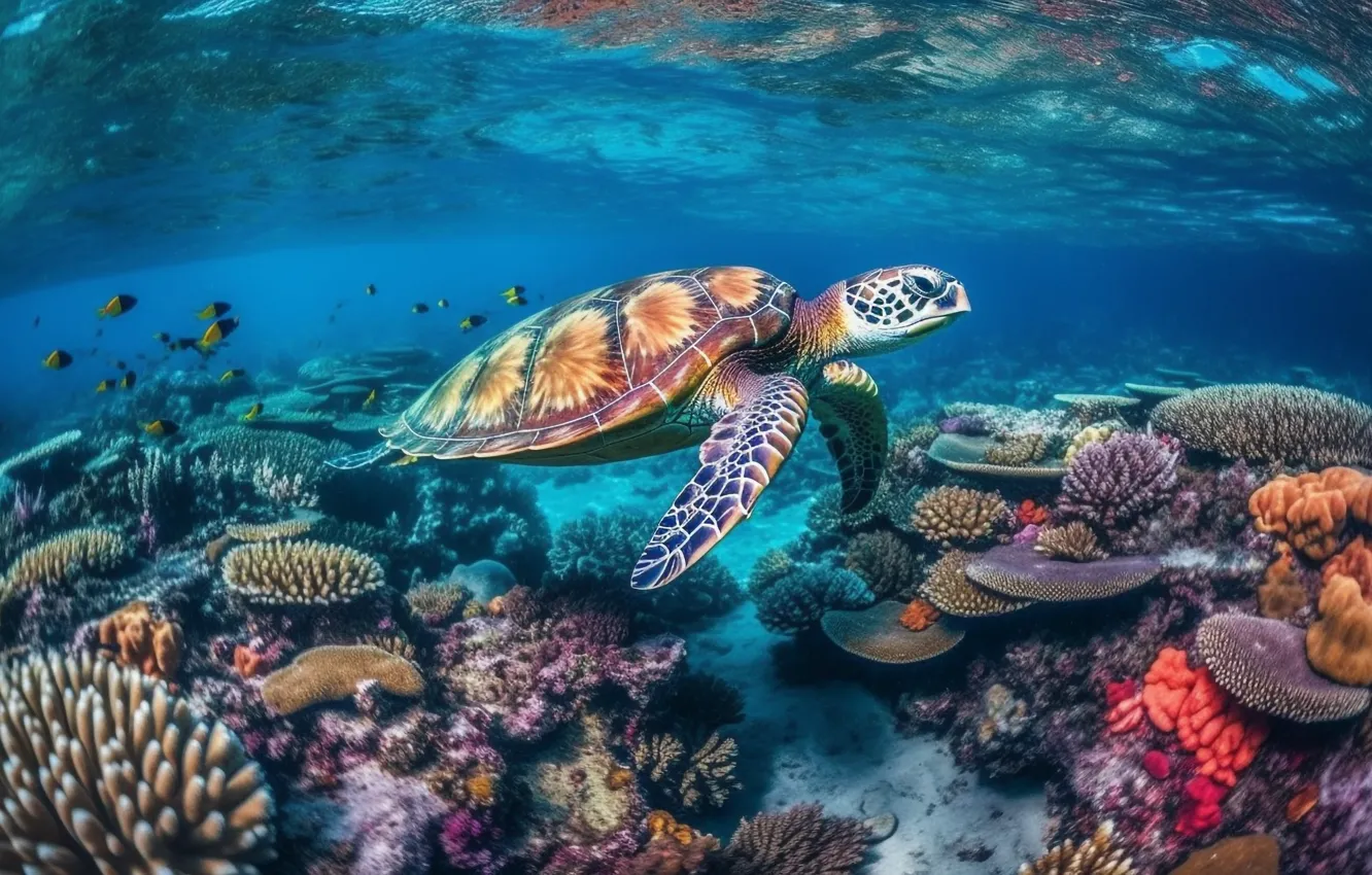 Фото обои море, океан, черепаха, подводный мир, морская черепаха, черепахи, морские черепахи, ИИ-арт