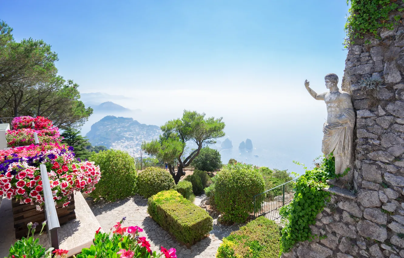 Фото обои море, деревья, цветы, Италия, статуя, Капри