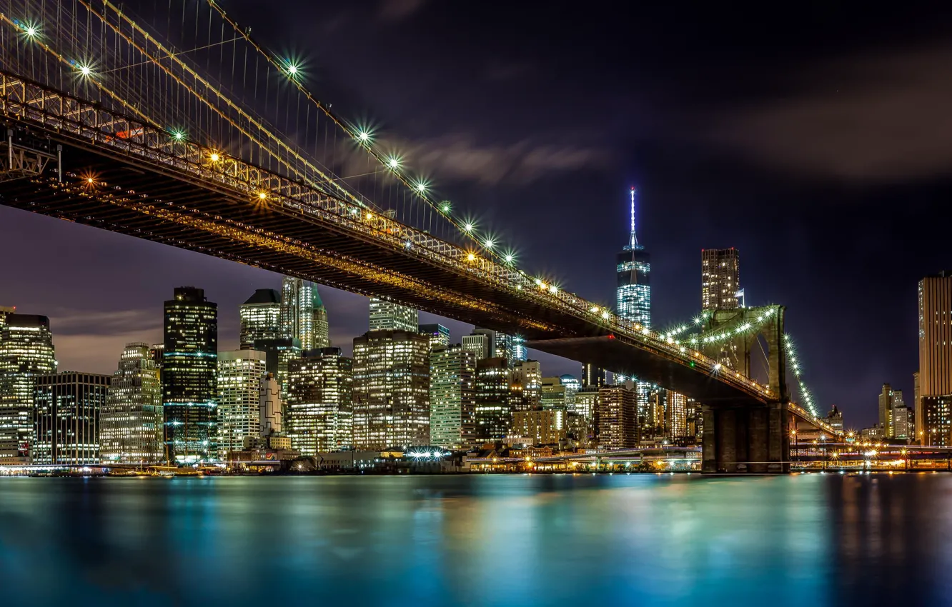 Фото обои мост, город, огни, река, Нью-Йорк, вечер, США
