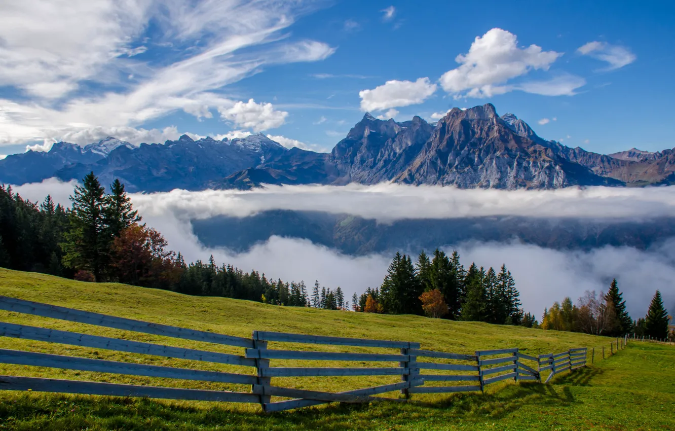 Фото обои облака, горы, забор, Швейцария, Альпы, луг, Switzerland, Alps