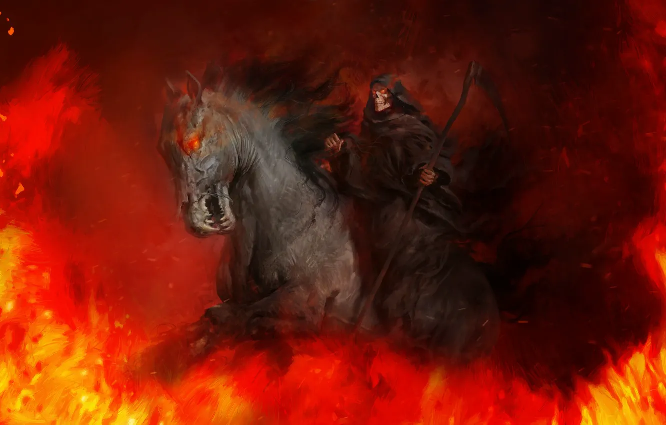 Фото обои Лошадь, Огонь, Смерть, Hell, Пламя, Коса, Fire, Flame