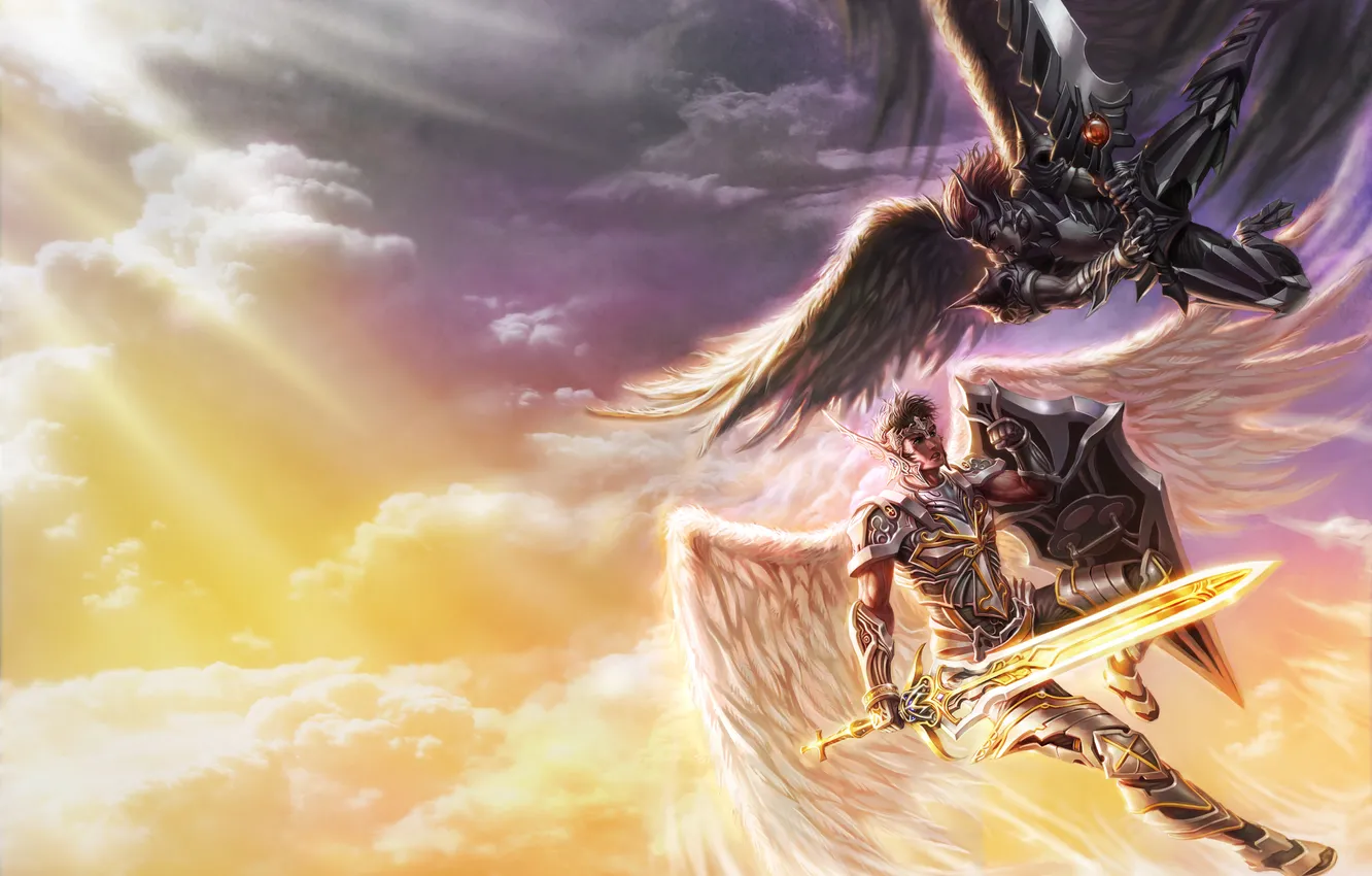 Фото обои солнце, облака, оружие, крылья, меч, ангелы, арт, мужчина