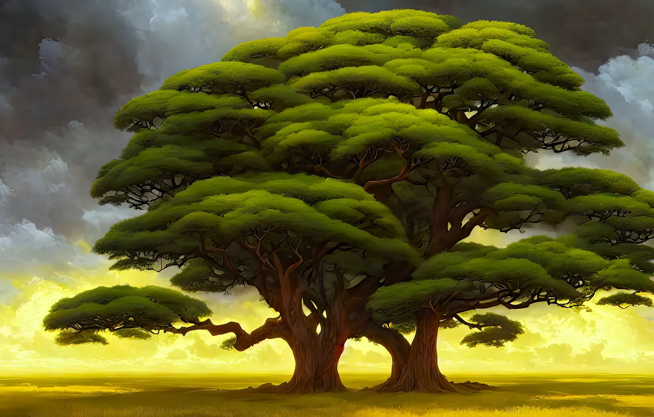 Фото обои поле, деревья, ветви, крона, ИИ-арт, Искусство искусственного интеллекта, НЕЙРОСЕТЬ