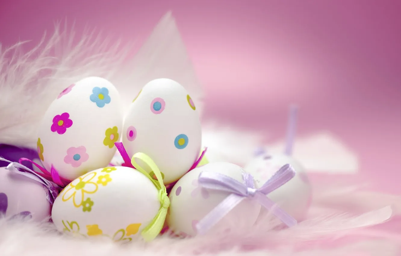 Фото обои праздник, яйца, перья, пух, Пасха, Easter