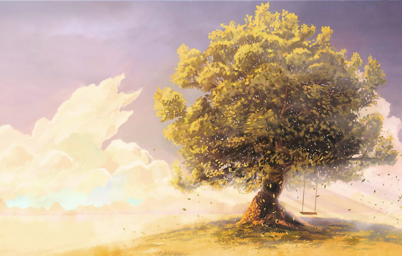 Фото обои небо, облака, детство, качели, дерево, ветер, рисунок