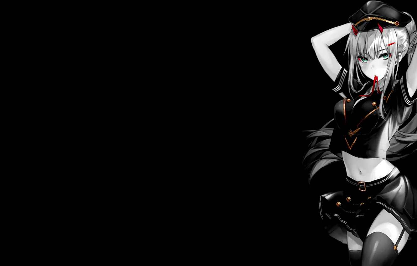 Фото обои black background, anime girls, simple background, dark background, selective coloring, Zero Two (Darling in the …