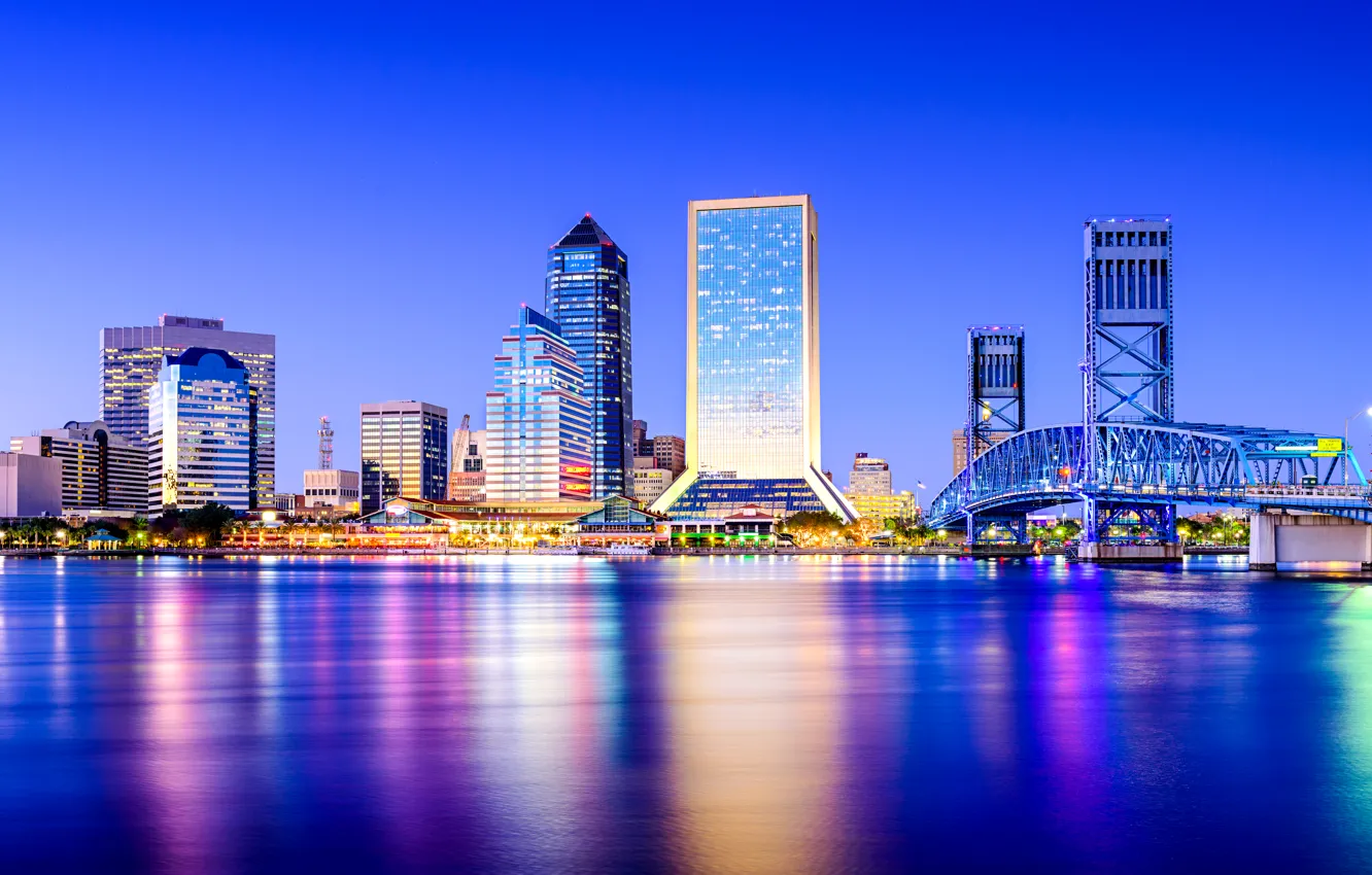 Фото обои небо, мост, река, дома, Флорида, США, Jacksonville