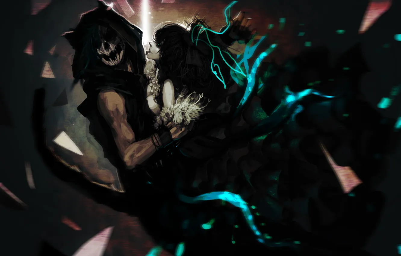 Фото обои девушка, осколки, монстр, платье, падение, арт, хвост, парень