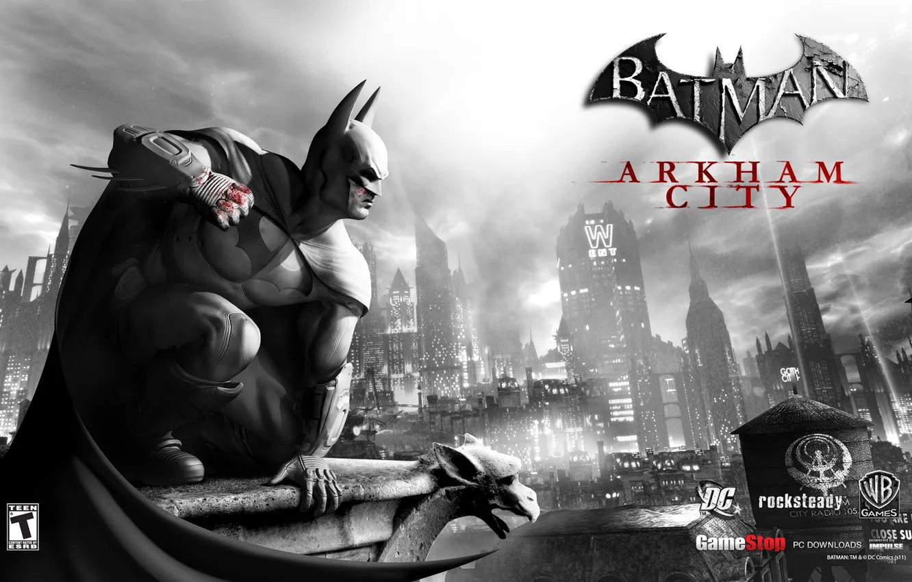 Фото обои город, Бэтмен, Batman Arkham City, горгулья, аркхем сити