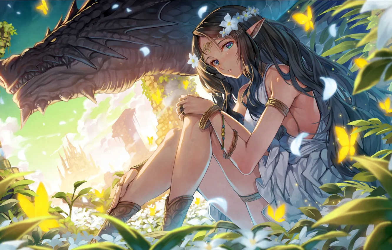 Фото обои girl, fantasy, legs, nature, blue eyes, butterfly, flowers, dragon