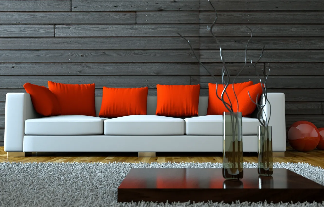 Фото обои Интерьер, вазы, vase, стильная, stylish, Interior, белый диван, home design