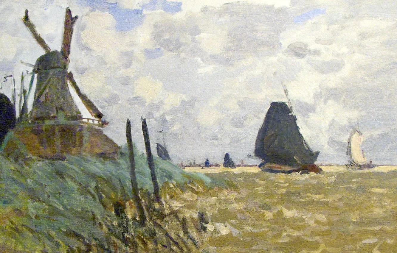 Фото обои пейзаж, картина, Клод Моне, Ветряная Мельница возле Зандама