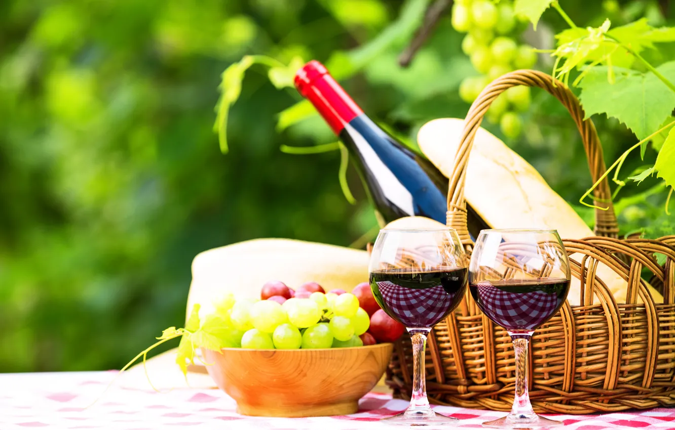 Фото обои зелень, стол, вино, корзина, бутылка, сад, бокалы, хлеб