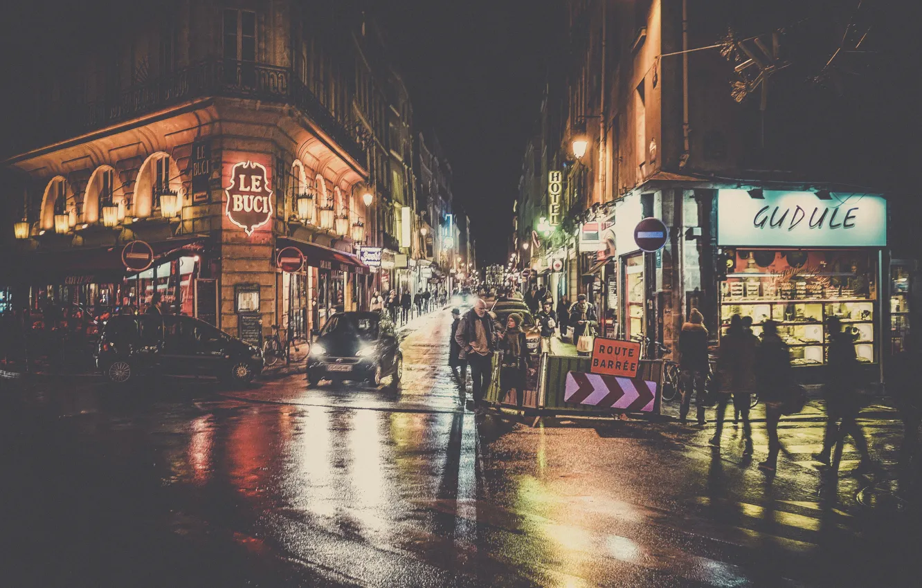 Фото обои Paris, cars, sign, night, France, street, people, lamps