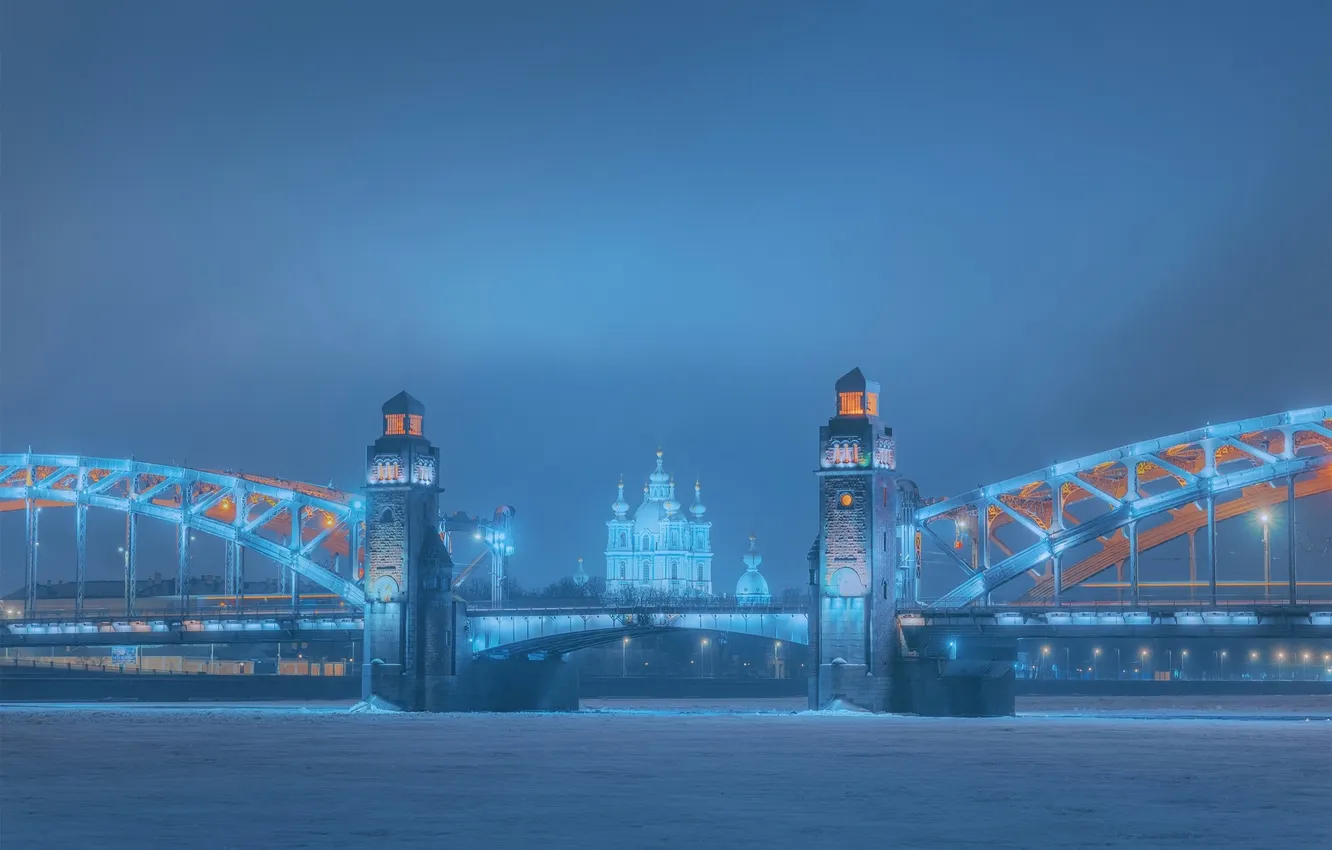 Фото обои мост, река, Санкт-Петербург, храм, Россия, Смольный собор, Река Нева, Большеохтинский мост
