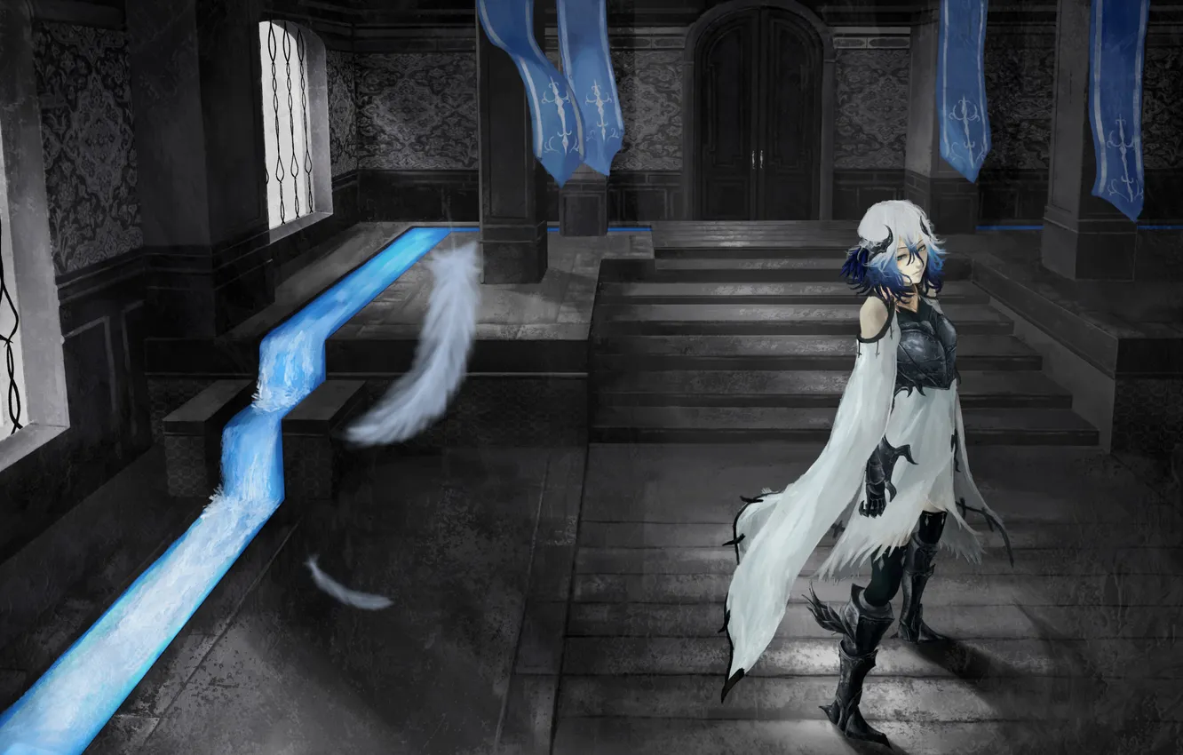 Фото обои вода, девушка, комната, арт, колонны, ступеньки, akaikitsune