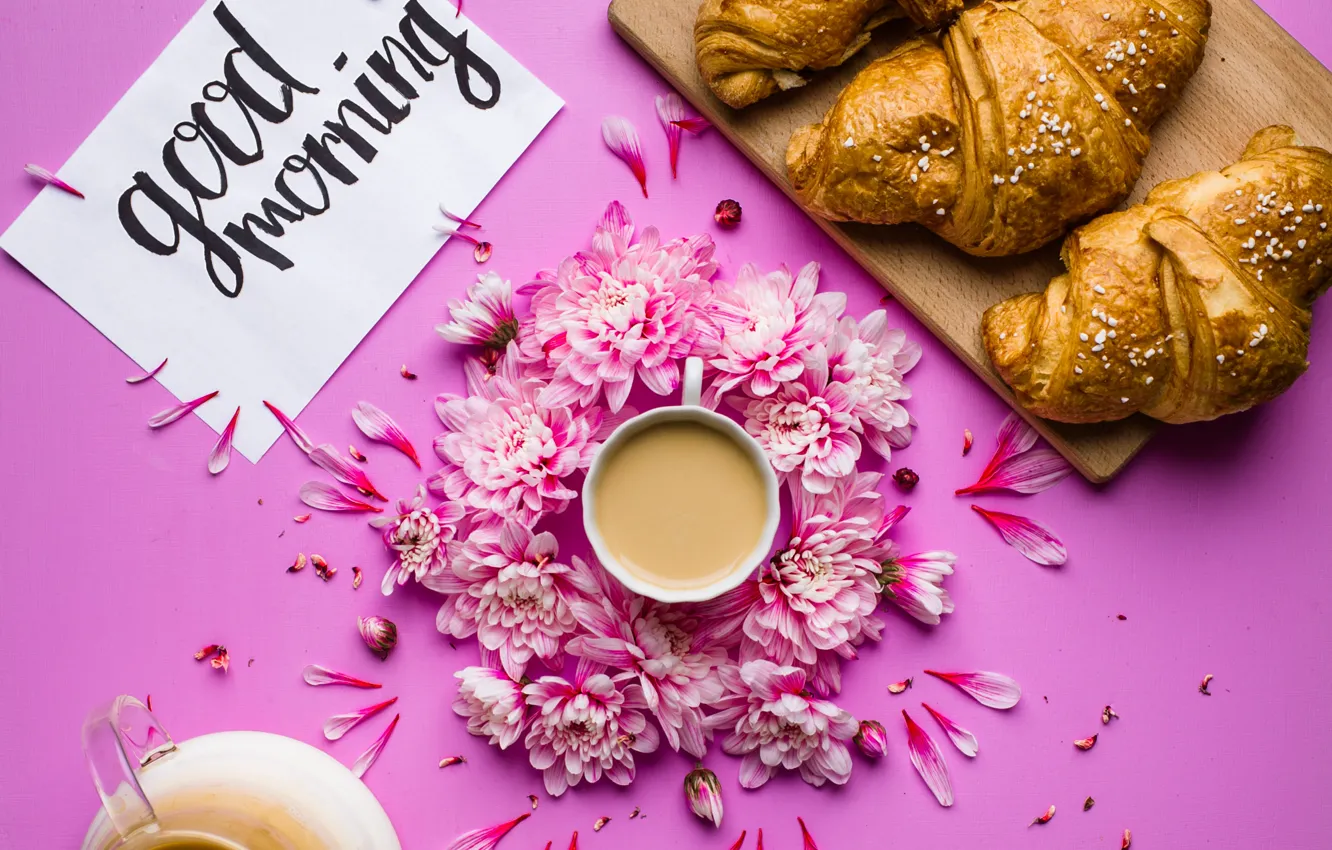 Фото обои цветы, кофе, завтрак, лепестки, хризантемы, pink, flowers, cup