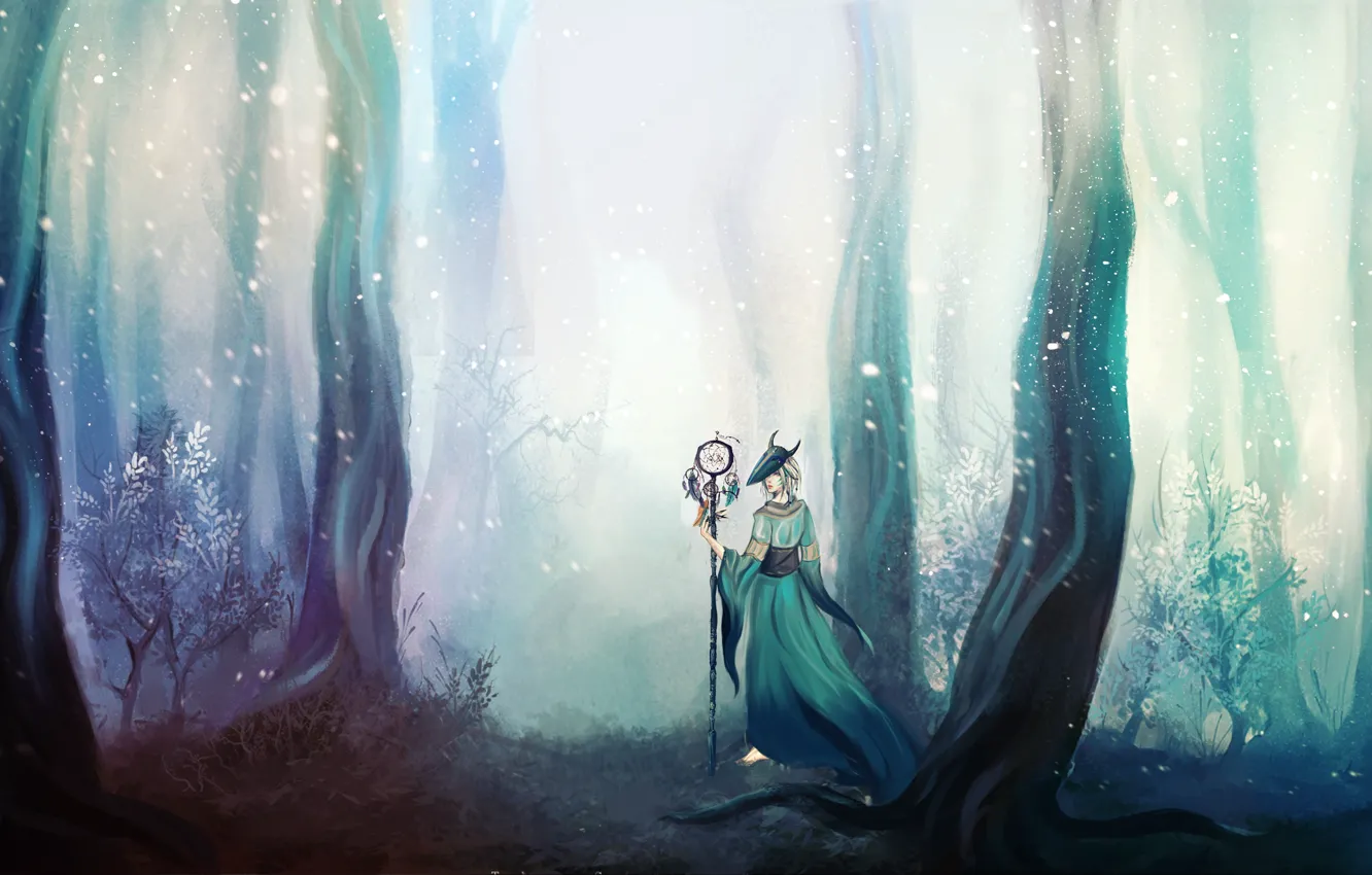 Фото обои лес, девушка, деревья, маска, посох
