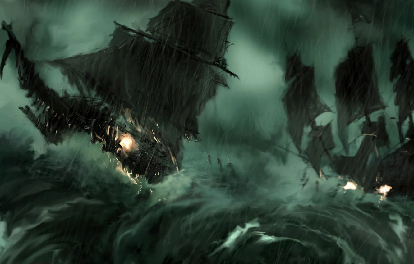 Фото обои волны, шторм, ветер, корабли, пушки