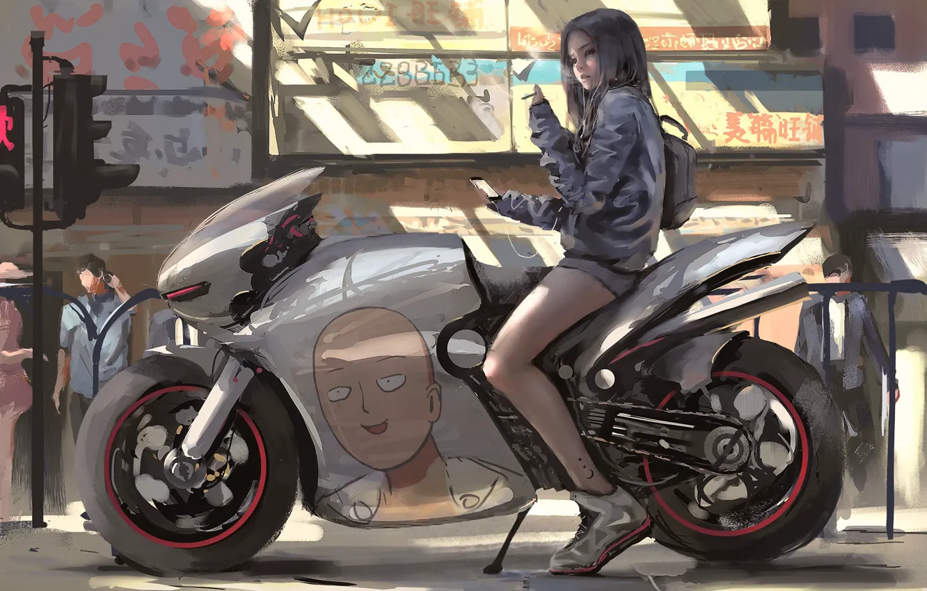 Фото обои девушка, арт, мотоцикл, One-Punch Man, Wlop