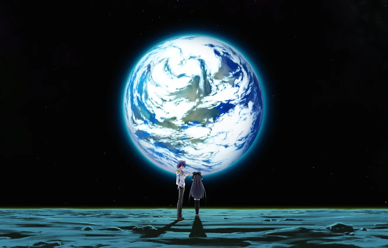 Фото обои девушка, космос, земля, луна, планета, аниме, арт, пара