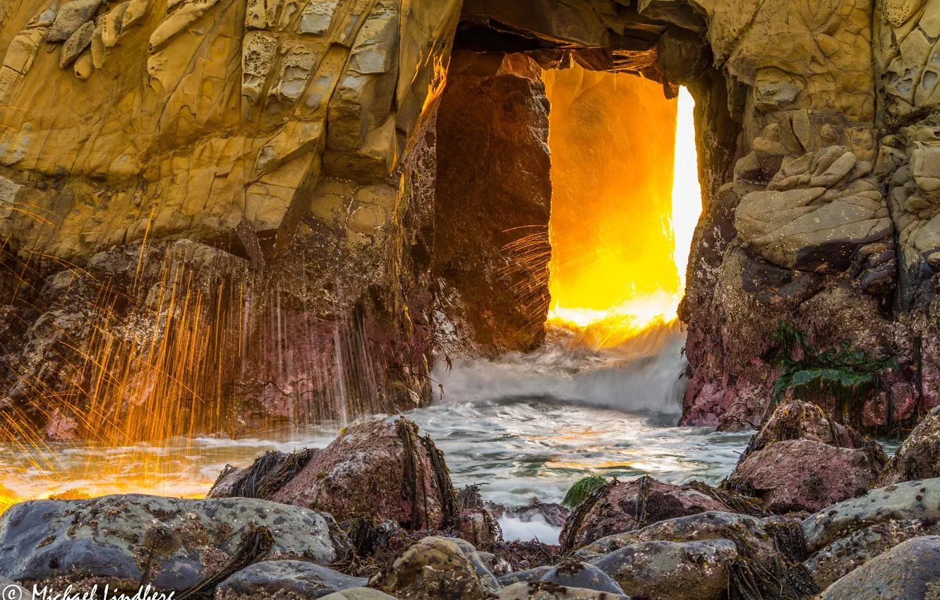 Фото обои вода, солнце, брызги, скала, океан, рассвет, Калифорния, арка